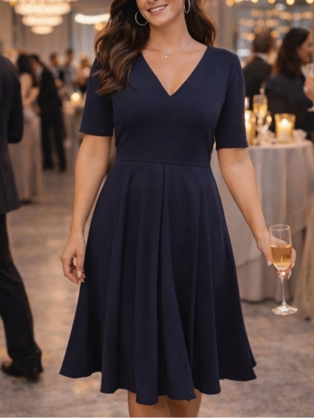 Gal Meets Glam Kate Classic V-Neck Navy Dress